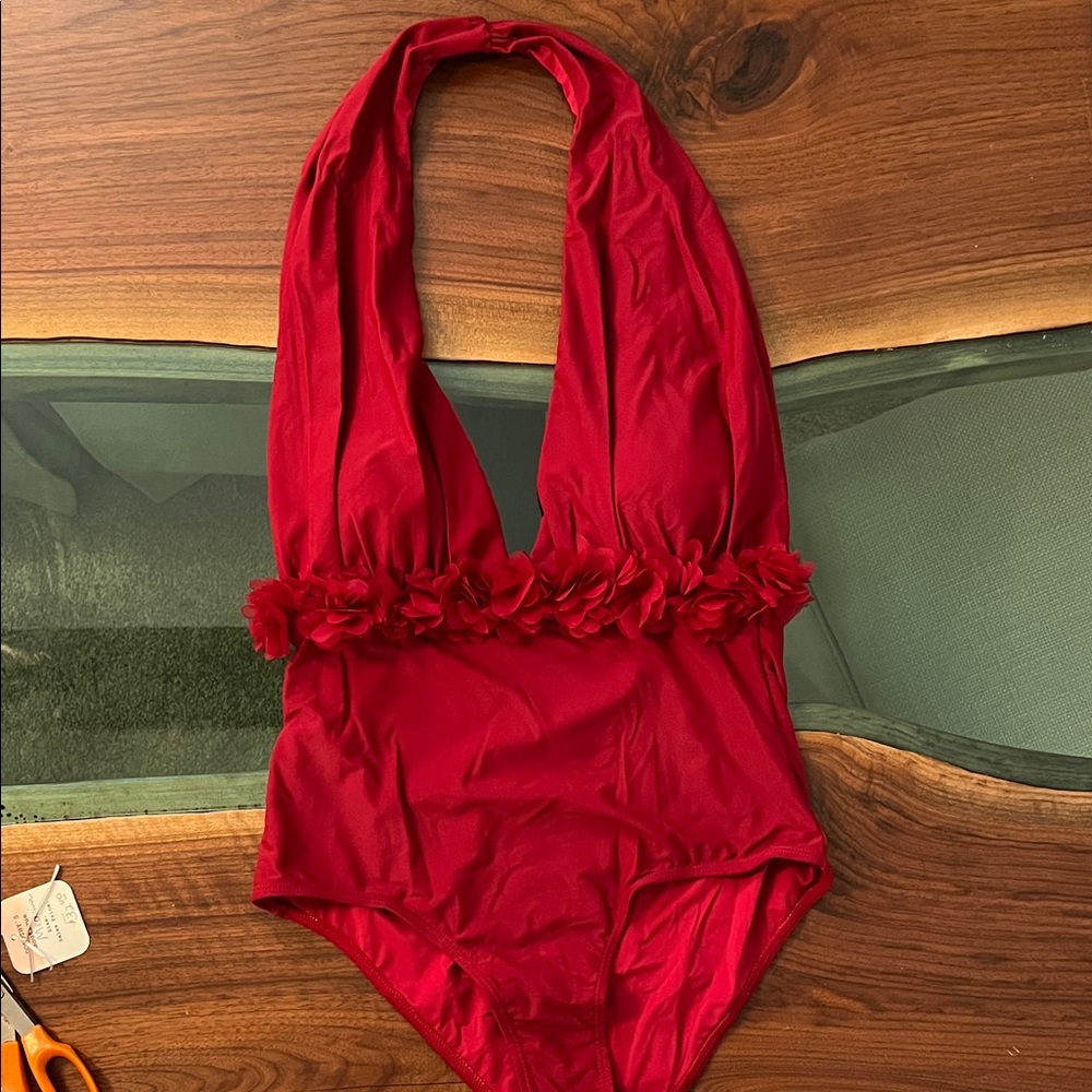 Women’s Red One-Piece Swimsuit with Floral Trim
